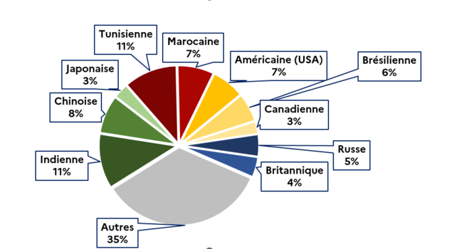 Graphique circulaire présentant la répartition par nationalité des visas long séjour portant la mention « Talent ». L'Inde et la Tunisie sont les deux premières nationalités citées avec 11 % chacune, après la catégorie « Autres » (35 %). Les détails complets sont fournis dans la transcription.