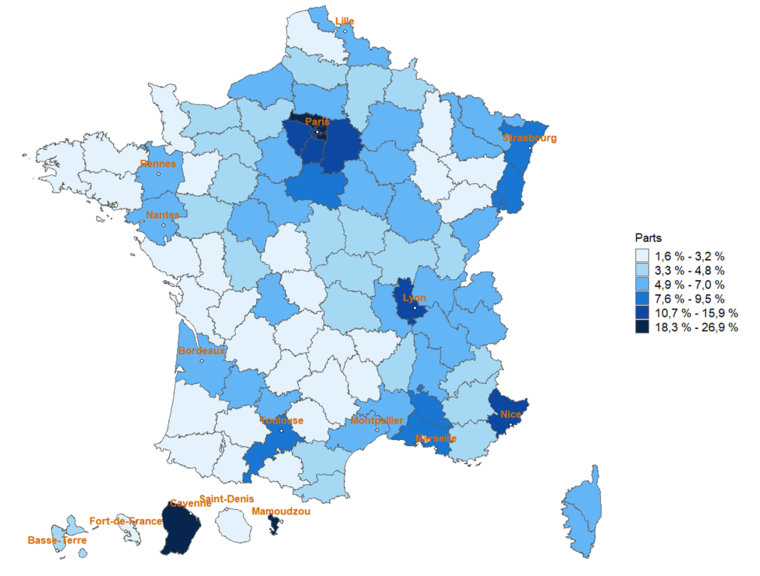 4.7. Part des étrangers titulaires d’un titre ou document provisoire de séjour valide dans la population par département au 31 décembre 2024