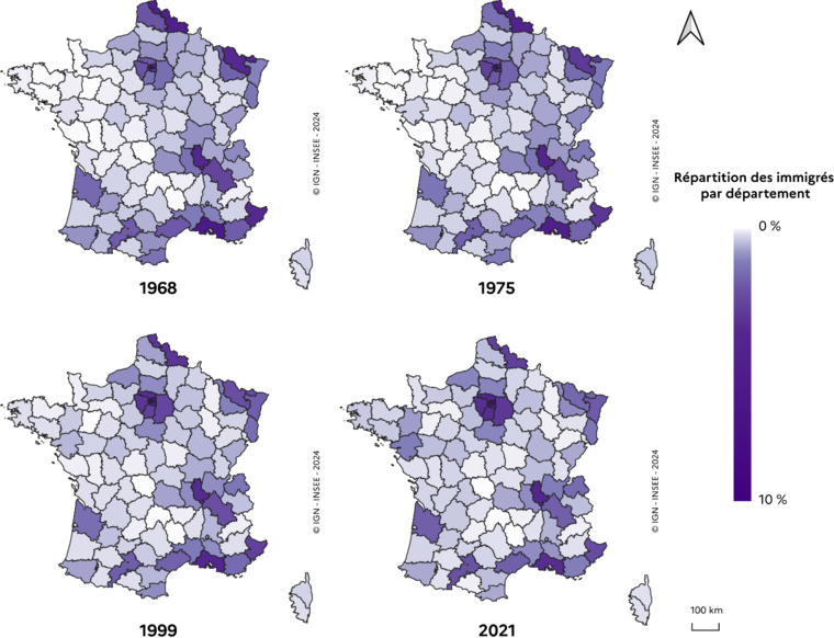 Figure 1 - Répartition des immigrés par département entre 1968 et 2021