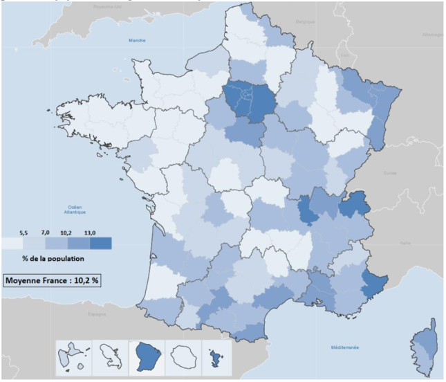 Part de la population immigrée dans les départements en 2021 (en %)