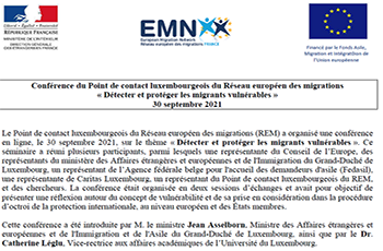 Détecter et protéger les migrants vulnérables (Conférence du Point de contact luxembourgeois du REM, 30 septembre 2021)