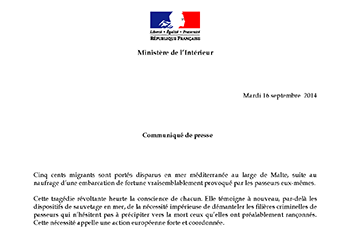 Communiqué de presse de Bernard Cazeneuve, Ministre de l’Intérieur, du 16 septembre 2014